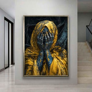 Black woman with hands on face canvas, ethnic woman poster, portrait art of woman in yellow dress