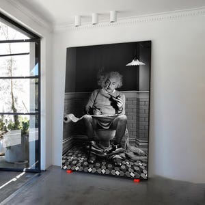 Einstein in the toilet black and white canvas painting, Einstein canvas gift, black and white famous physicist canvas print