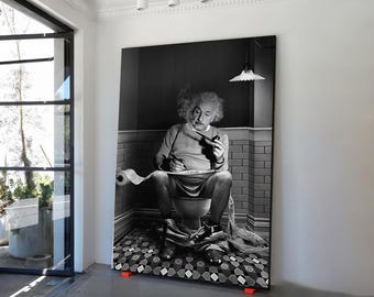Einstein in the toilet black and white canvas painting, Einstein canvas gift, black and white famous physicist canvas print