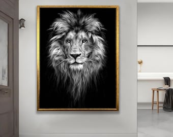 Lienzo decorativo con retrato de león en blanco y negro, póster de león, pintura de león, decoración de pared de animales en blanco y negro