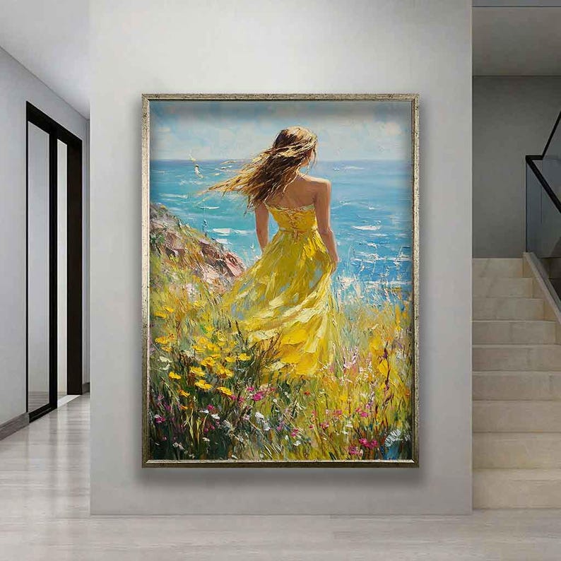 Beautiful Lady in Yellow Dress Looking Back on Canvas Wall Art, Woman