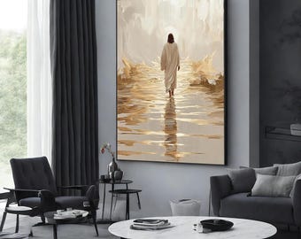 May include: A painting of a person walking on water. The person is wearing a white robe and is walking towards a bright light. The water is a golden color and the sky is a light blue.