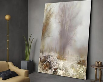 冬の風景の抽象キャンバス、ミニマリストの現代アート、抽象的な森のキャンバスプリント