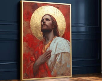 Lienzo con retrato inspirador de Jesucristo, arte mural religioso, decoración cristiana del Sagrado Corazón, pintura con halo dorado, impresión en lienzo espiritual