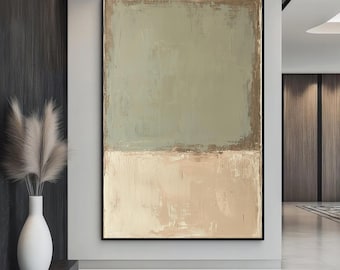 Puede incluir: Pintura abstracta con una división horizontal de dos colores. La mitad superior es de un verde apagado, y la mitad inferior es de un beige claro. La pintura tiene un efecto texturizado, de pinceladas.