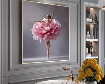 Elegant Ballerina in Pink Flower Dress Canvas, Floral Dance Art, Graceful Ballet Pose Wall Decor, Feminine Canvas Wall Art, Home Decoration