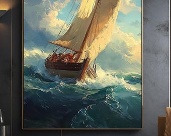 Pintura de paisaje marino, pintura de velero, decoración náutica, impresión de barco antiguo
