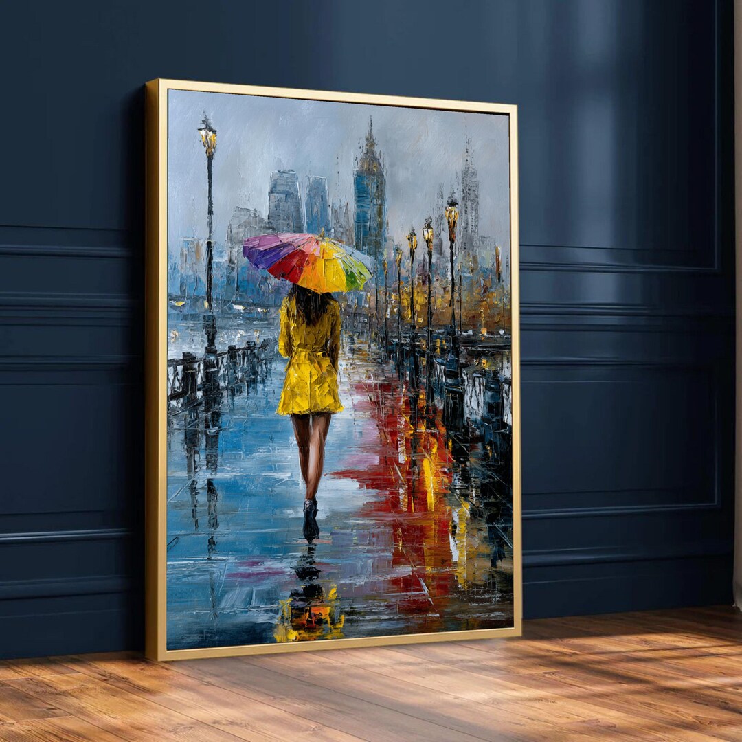 City Rain Walk, Woman in Yellow Coat Canvas, Colorful Umbrella Art ...