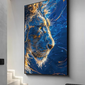Blue lion canvas, wild lion art, safari hanging painting, lion poster