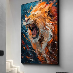 Roaring lion portrait canvas painting, colorful lion art, lion poster, framed lion print