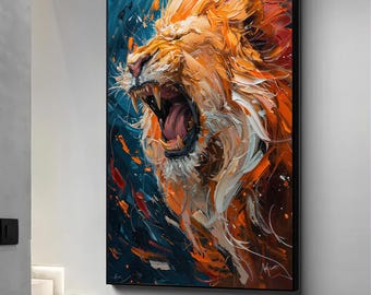 Roaring lion portrait canvas painting, colorful lion art, lion poster, framed lion print