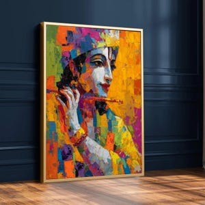 May include: A framed, colorful painting of a figure playing a flute. The artwork features a vibrant palette of orange, yellow, green, blue, and purple. The figure has white skin, red lips, and is wearing a crown and jewelry.