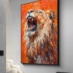 Roaring lion portrait canvas painting, colorful lion art, lion poster, framed lion print