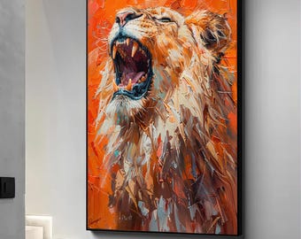Roaring lion portrait canvas painting, colorful lion art, lion poster, framed lion print
