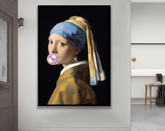 Mädchen mit Perlenohrring Leinwand, lustiges Mädchen mit Perlenohrring Blasengummi Leinwandanstrich