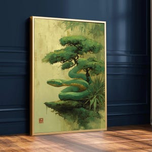 Serene Grüne Schlange und Bonsai Baum Leinwand, Asiatisch inspirierte botanische Wandkunst, Natur Illustration Leinwand, Zen Garten Wohnkultur
