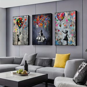 Banksy girl canvas painting, banksy balloon boy print, banksy boy graffiti painting, 3 pieces street art graffiti mural art, canvas  art