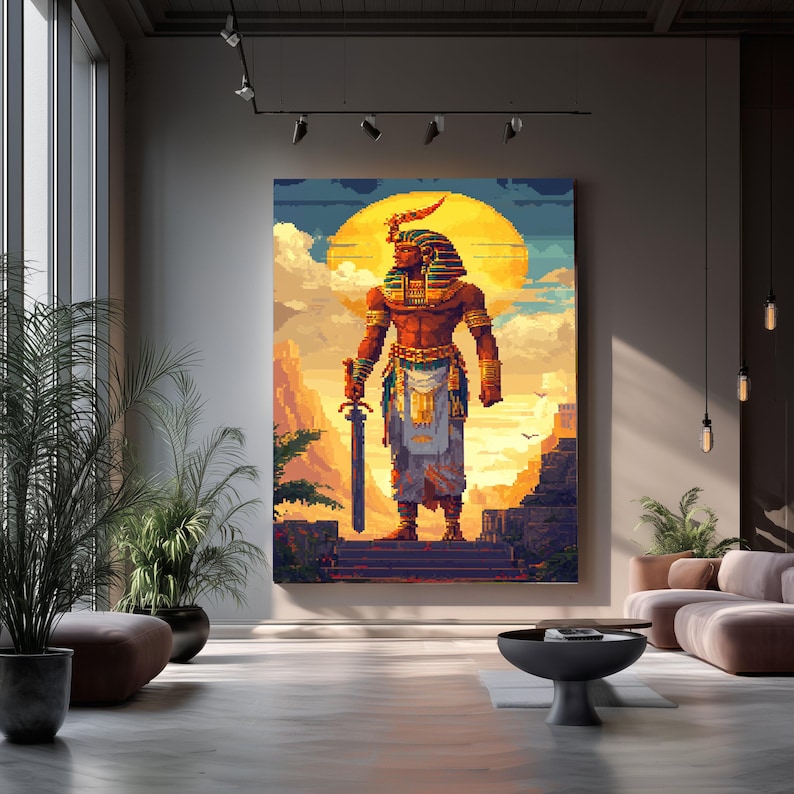 Pixel Art Pharaoh Canvas, Ancient Egyptian Warrior Wall Art, Retro ...