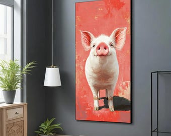 Lindo cuadro de lienzo de cerdo rosa, decoración de pared de habitación de niños, arte de cerdo, póster de cerdo