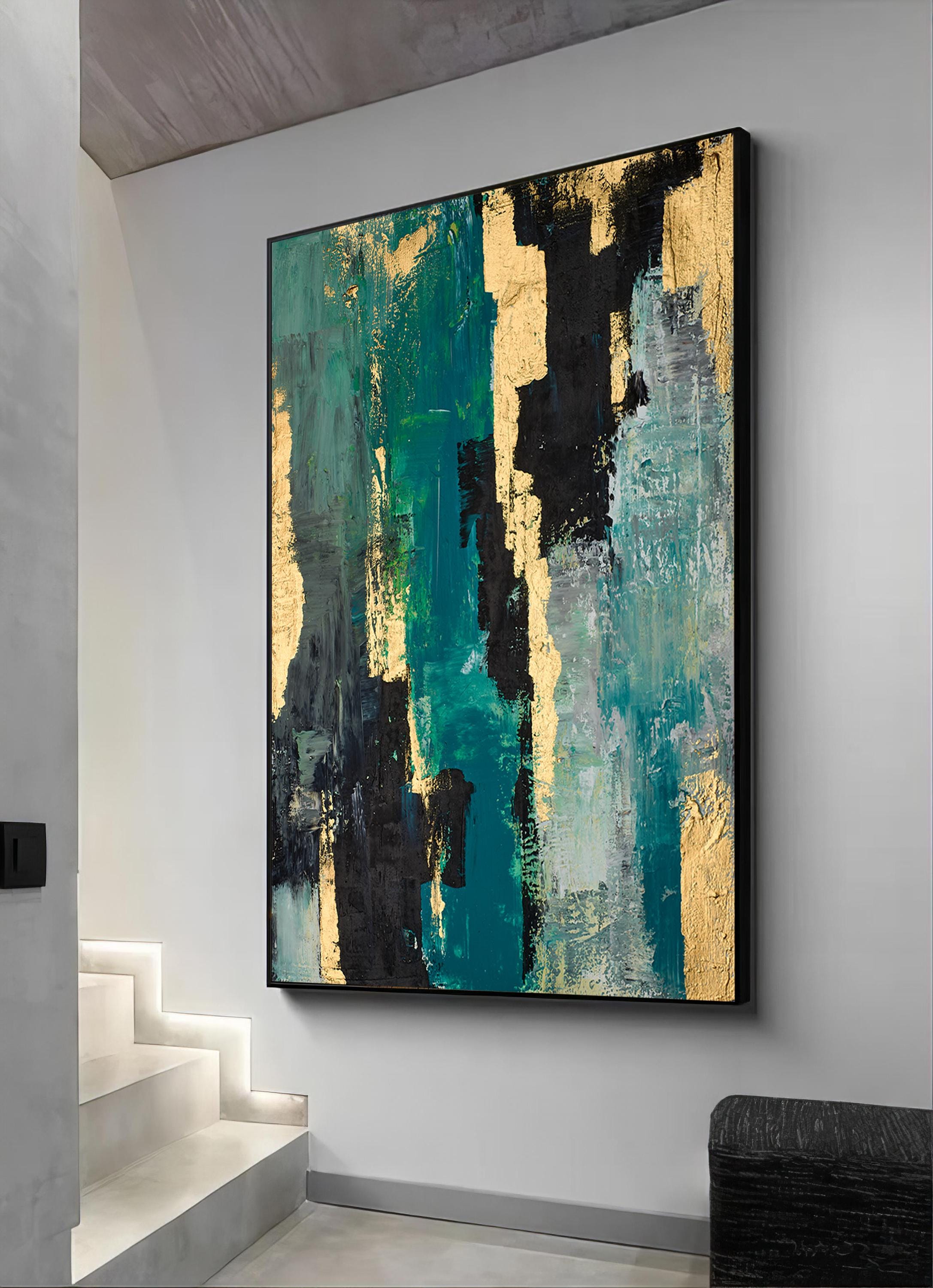Modern green abstract canvas wall art with gold and green detail, modern abstract poster, wall art
