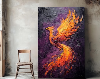 Fiery phoenix canvas print Rising mythical bird wall art Fantasy canvas Fiery print Living room decor
