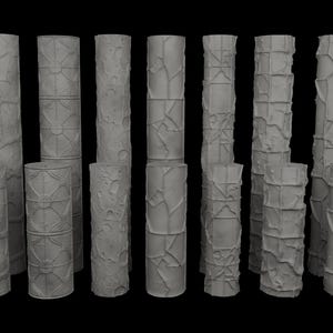 Peut inclure: Ensemble de colonnes cylindriques grises avec divers motifs texturés. Certaines colonnes présentent une texture rugueuse semblable à de la pierre, tandis que d'autres arborent des motifs géométriques ou un aspect fissuré. Les colonnes varient en hauteur et en diamètre.
