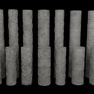 Peut inclure: Une collection de colonnes cylindriques grises avec divers motifs texturés. Certaines colonnes ont une surface lisse, tandis que d'autres présentent des motifs ressemblant à des vignes, des formes géométriques et de la pierre fissurée. Les colonnes varient en hauteur et en diamètre.