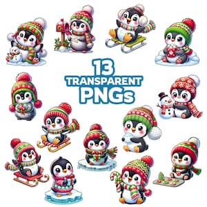 13 Winter Penguin Clipart Set - Christmas-Themed PNG & JPG Downloads for Commercial Use