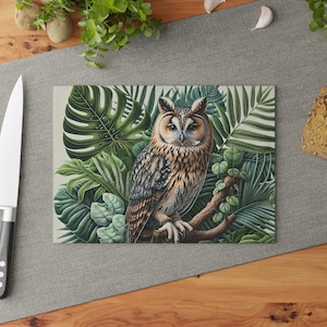 Tropical Owl Tempered Glass Cutting Board, Unique Kitchen Decor & Gift, Nature Lover&#39;s Kitchenware, Owl Artwork, Mother&#39;s Day Gift,