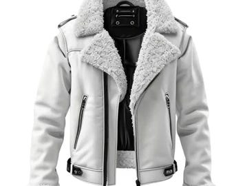 White Sheepskin Leather Aviator Jacket: RAF Bomber Style