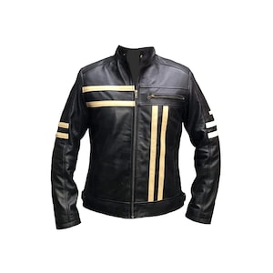 Blouson motard en cuir noir rétro vintage de qualité supérieure, veste en cuir véritable effet vieilli moto pour hommes à rayures blanches, cadeau pour lui