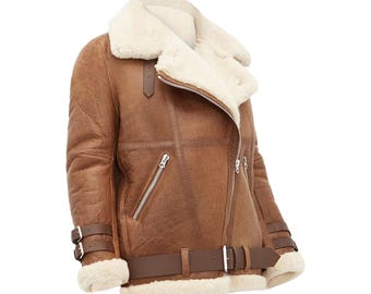 Damska kurtka typu bomber B3 RAF Aviator Brown Leather: sztuczne futro z owczej skóry
