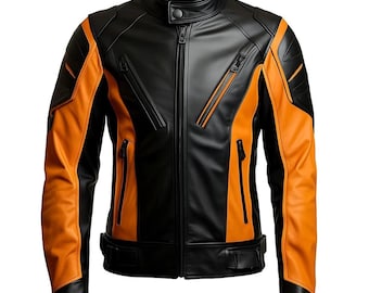 May include: Black and orange leather jacket with a stand-up collar and a front zipper. The jacket features orange panels on the sleeves and sides, with multiple zippered pockets. The design includes a belt detail at the waist and a button closure at the collar.