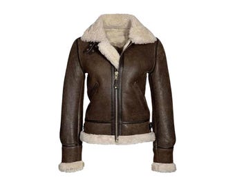Blouson aviateur en cuir d'agneau marron : style aviateur en peau de mouton retournée