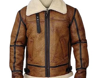 Men's Brown Lambskin Leather B3 Bomber Jacket: Faux Shearling Aviator Style