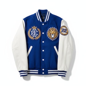 Chaqueta universitaria azul marino personalizada – Chaqueta estilo Letterman a medida con logotipos en las mangas