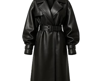 Gabardina negra para mujer: abrigo largo clásico con cinturón, prenda elegante y atemporal.