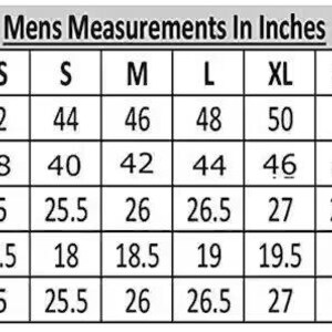 May include: A chart titled "Mens Measurements In Inches" displays chest, waist, sleeve, shoulder, and length measurements for various sizes, from XXS to 5XL. The measurements are provided in inches, offering a detailed size guide.