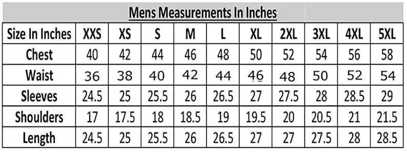 May include: A chart titled "Mens Measurements In Inches" displays chest, waist, sleeve, shoulder, and length measurements for various sizes, from XXS to 5XL. The measurements are provided in inches, offering a detailed size guide.