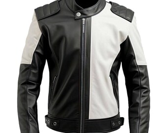 May include: A black and white color-blocked jacket featuring a stand-up collar with a single snap button, a central zipper closure, and quilted shoulder panels. The design includes side pockets and an adjustable waist strap with metal eyelets.