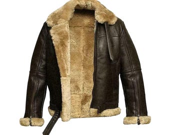 Handmade Brown Leather Bomber Jacket: Men's RAF Aviator Sheepskin Shearling