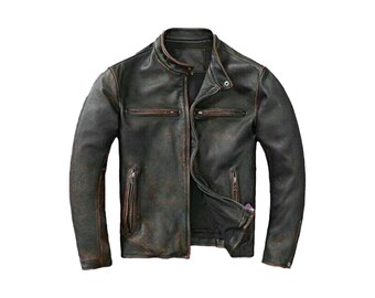 May include: A dark brown leather jacket with a distressed finish, featuring a stand-up collar, a front zipper closure, two horizontal chest pockets with zippers, and two vertical side pockets with zippers, all accented with metallic hardware.