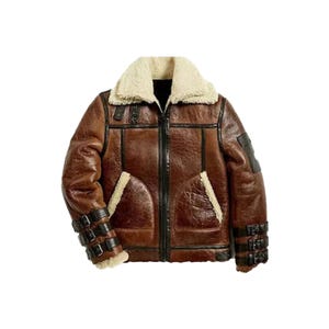 Men&#39;s Brown Bomber B3 RAF Aviator Leather Jacket, Real Sheepskin Double Collar With Faux Fur Shearling Genuine Leather Jacket, Gift for Him