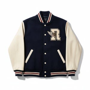 Chaqueta universitaria personalizada de mezcla de lana con mangas de cuero, estilo Letterman universitario.