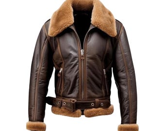 May include: A dark brown leather jacket featuring a thick tan shearling collar and cuffs. The jacket includes a central front zipper, two zippered side pockets, and a matching leather belt with a metal buckle at the waistline.