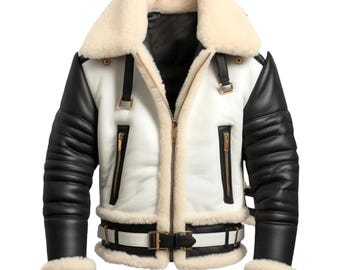 Blouson aviateur homme noir et blanc en cuir d'agneau : peau retournée style aviateur