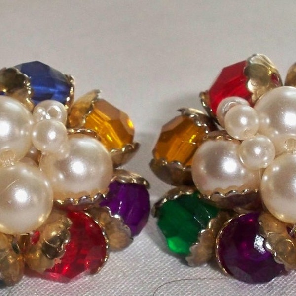 Vintage Pearl Beads Cluster Clip Earrings