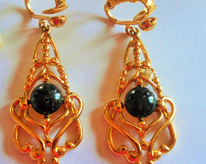 Vintage Dangle Clip on Earrings Black Stone Gold Tone Etsy