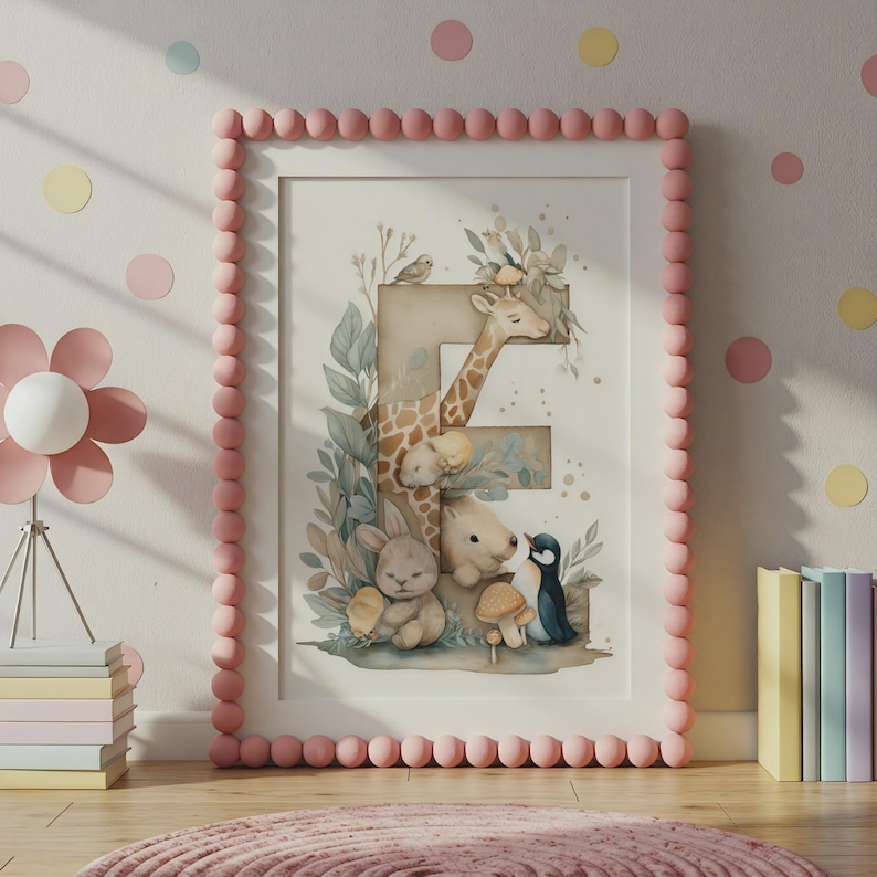 Letter E Safari Nursery Print, Watercolor Animals, Boho Kids Wall Art ...
