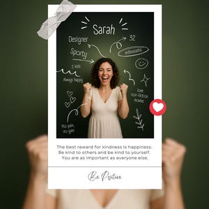 Op de afbeelding: Een vrouw in een crèmekleurige jurk staat in een fotolijst met handgeschreven notities. De lijst is op een donkergroene achtergrond geplakt. Tekst bevat "Sarah", "Designer", "Sporty", "Always happy" en "Be Positive".